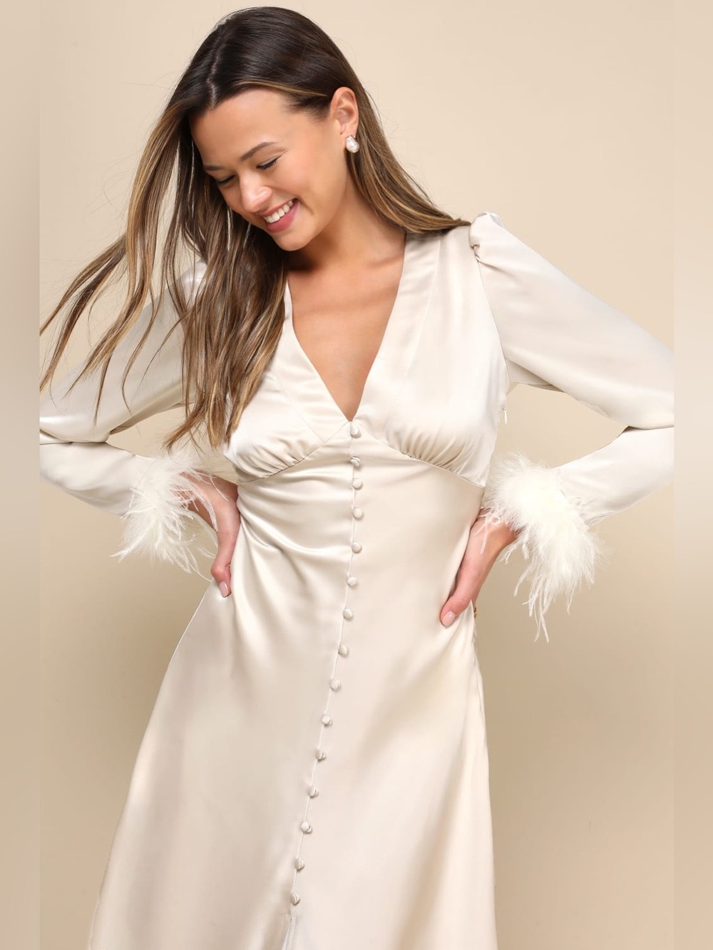 Lulus | Precious Aura Champagne Satin Feather Long Sleeve Midi Dress